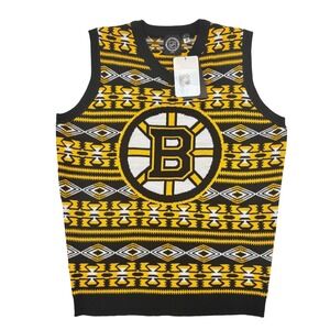 NHL Boston Bruins Mens Medium Fair Isle Knit Sweater Vest Black Gold White Logo